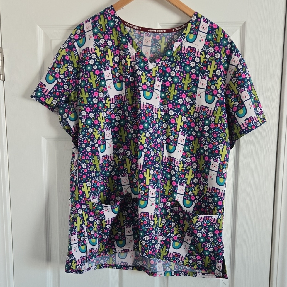 Colorful Llama and Cactus Print Scrub Top
